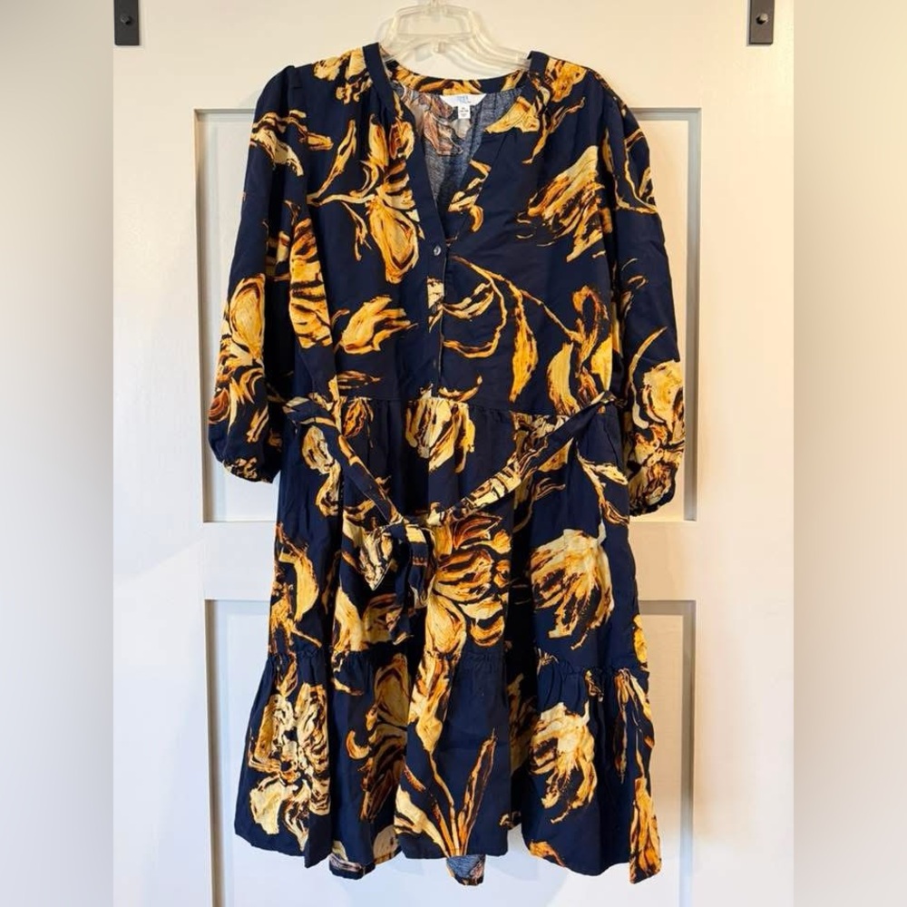Navy & Yellow Floral V-Neck Tiered Dress